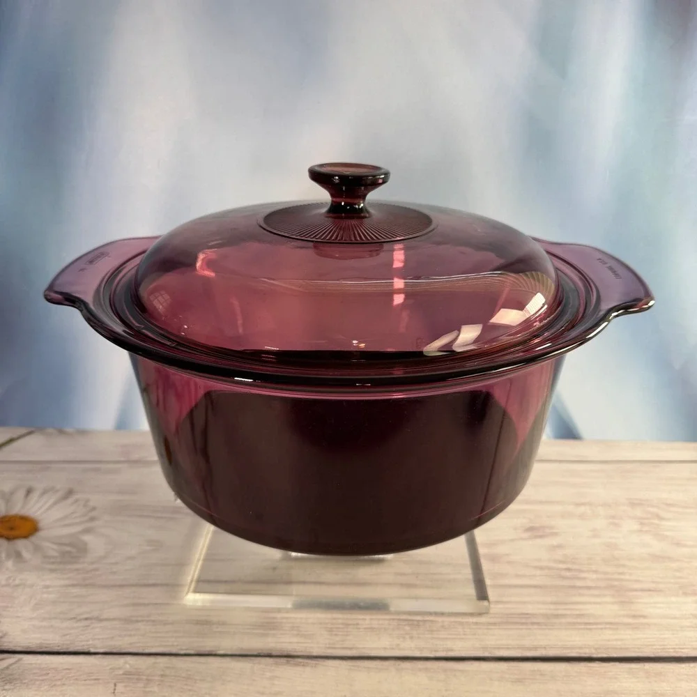 VTG Corning Visions Dutch Oven 5L Cranberry Glass Pyrex Lid Retro 90s